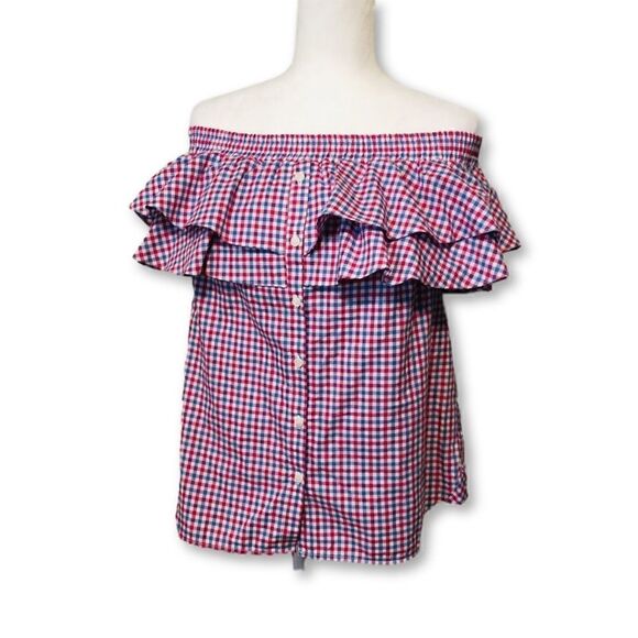 Petersyn Top Red White & Blue Gingham Check Off The Shoulder Ruffle Top XS - Picture 1 of 8